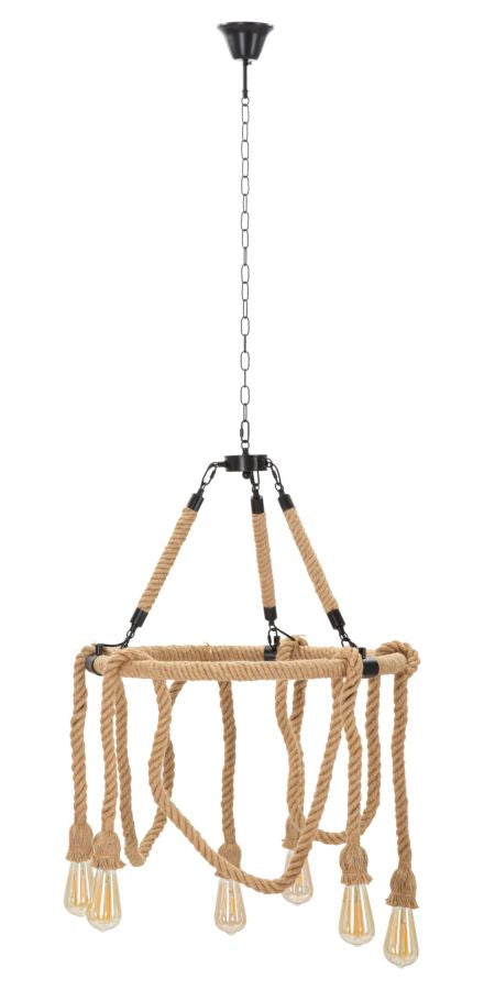 sconto Lampadario Rope Circle Ø64x90 cm in Ferro e Corda Marrone e Nero