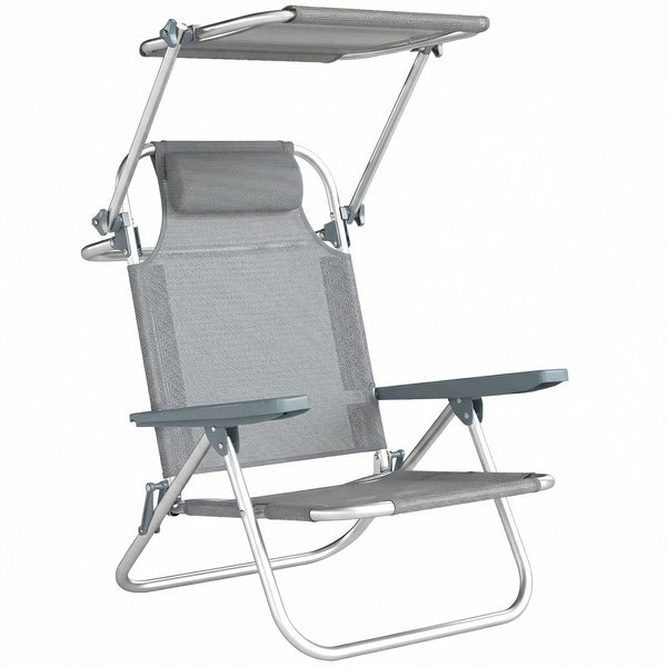 sconto Sedia a Sdraio 62x68x79 cm Reclinabile a 6 Livelli con Tettuccio e Poggiatesta, in Alluminio e Rete Grigio