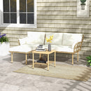Set 3 Pezzi da Giardino con Chaise Longue Divanetto Cuscini e Tavolino in Rattan e Acciaio Bianco Crema e Legno      