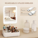 Specchio da Trucco con Luce Regolabile su 2 Livelli Rotazione 180° e Organizer per Trucchi Bianco      