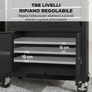 Carrello Porta Attrezzi 69x33x133 cm con Piano di Lavoro 3 Cassetti Pannelli Forati in Acciaio Nero      