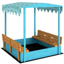Sabbiera per Bambini 3-6 Anni 134,5x127,5x130 cm con Tettuccio Dinosauri Sedute Pieghevoli Coperchio e Fodera in Legno di Abete Blu      