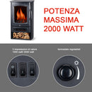 Stufa Elettrica da Pavimento 2000 W con Riscaldamento Effetto Fiamma LED e Termostato in Metallo Nero      
