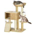 Albero Tiragraffi per Gatti con Casetta e Trespolo 60x40x98 cm in Legno e Poliestere Marrone e Beige 