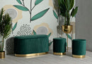 Panca con Contenitore e Sgabelli Shopy Verde Set 3 Pz 80x37x42 cm - Ø29x35 cm in Ferro e MDF e Spugna e Poliestere Verde e Oro      