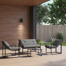 Set 4 Pezzi da Giardino con Divanetto 2 Poltrone e Tavolino in Acciaio, Poliestere e Cotone PP Nero e Grigio      
