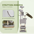 Albero per Gatti 60x50x206A cm con 4 Pali Graffiatoi Cesti Amache per 1-3 Gatti 6 kg in Peluche e Sisal Grigio Chiaro      