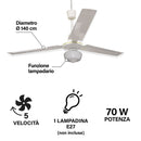 Ventilatore Lampadario a Soffitto 3 Pale Ø 140 cm 70 W Windy Bianco      