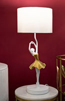 Lampada da Tavolo Ballerina Ø28x64 cm in Resina e Ferro e Tessuto Oro e Bianco      