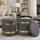 Set 2 Pouf Contenitore Ø 38x44 cm e Ø 31x38 cm con Rivestimento Velluto Grigio     