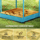 Sabbiera per Bambini 3-6 Anni 134,5x127,5x130 cm con Tettuccio Dinosauri Sedute Pieghevoli Coperchio e Fodera in Legno di Abete Blu      