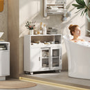 Mobile Bagno 71x20x70 cm a Rotelle con Spazio Aperto Ripiani Regolabili e Ante in Vetro in Legno  Bianco      