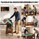 Tavolo da Gioco 3 In 1 Air Hockey Biliardo Calcio Balilla 102,5x61,5x65 cm Ruote Bloccabili Ripiano in MDF Effetto Noce      