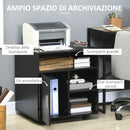 Mobile Porta Stampante 60x50x65,5 cm a Rotelle con Armadietto e 3 Ripiani Aperti in Legno Nero      