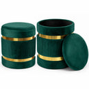 Set 2 Pouf Contenitore Ø 38x44 cm e Ø 31x38 cm con Rivestimento Velluto Verde     