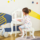 Toeletta Trucco per Bambine Consolle e Sgabello 63x40x85,5 cm con Triplo Specchio in Legno e Acrilico Bianco      