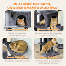 Albero Tiragraffi per Gatti Alto 140 cm con 2 Casette Lettino e Amaca per 2-3 Gatti in Peluche Grigio      