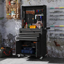 Carrello Porta Attrezzi 69x33x133 cm con Piano di Lavoro 3 Cassetti Pannelli Forati in Acciaio Nero      