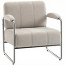 Poltrona Elegante Seduta Ampia Telaio in Acciaio e Rivestimento in Ciniglia Morbida Beige      