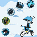 Triciclo Passeggino per Bambini con Maniglione 95x50x106 cm con Cintura di Sicurezza Blu  
