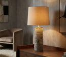 Lampada da Tavolo Lima Ø37x73 cm in Ceramica e Ferro e Tessuto Grigio e Oro      