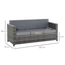 Divano da Esterno 3 Posti 185x70x80 cm con Cuscini per Seduta e Schienale in Rattan PE e Metallo Grigio      