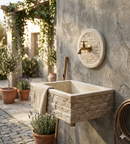 Lavello Rettangolare da Esterno 45x35 cm con Rosone Installazione a Muro in Cemento Mattone Faccia a Vista Meseta Nocciola