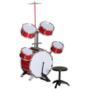 Batteria Musicale Giocattolo per Bambini Grancassa 4 Tamburi e Piatti con Bacchette e Sgabello Rosso  