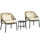 Set Tavolino e 2 Poltrone da Giardino con Braccioli e Cuscini in Acciaio e Rattan PE Crema